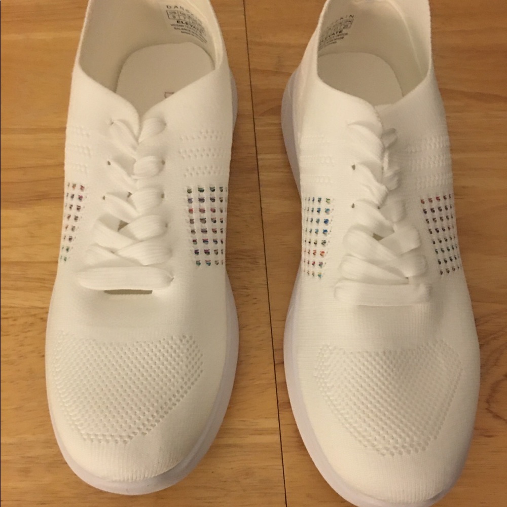 White with multicolor squares on the side